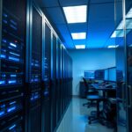 Servidores iluminados em centro de processamento de dados sob iluminação azul e monitores de segurança digital.