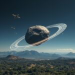 Representação de um grande asteroide rochoso a cruzar a órbita da Terra cercado por satélites e fragmentos espaciais.
