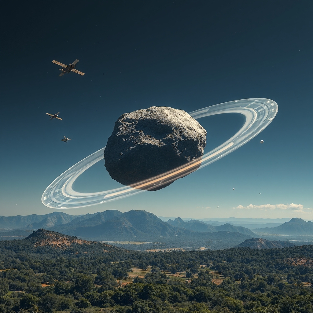 Representação de um grande asteroide rochoso a cruzar a órbita da Terra cercado por satélites e fragmentos espaciais.