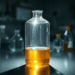 Frasco de vidro em laboratório contendo solução líquida límpida para investigação biotecnológica contra infeções bacterianas graves.