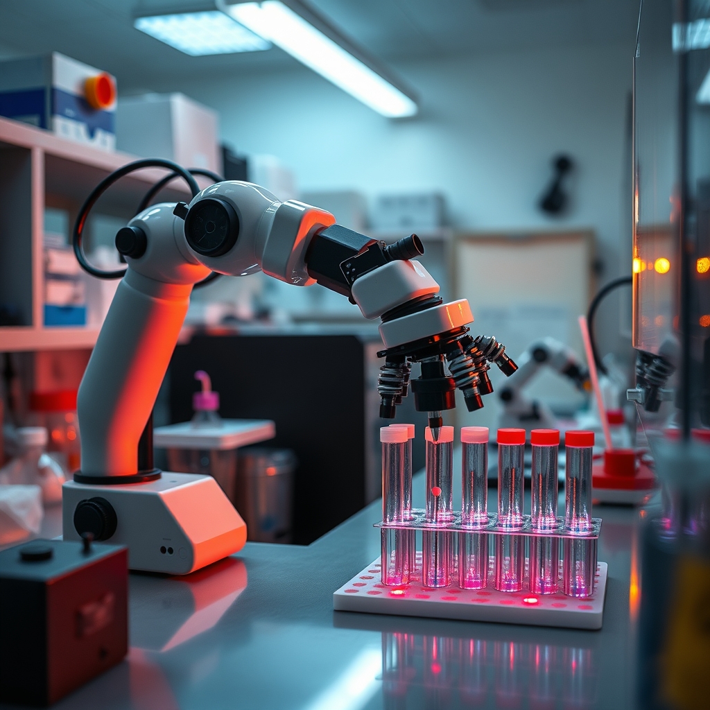 Bancada de laboratório de biotecnologia com braço robótico automatizado manipulando placas de ensaio e tubos de ensaio.