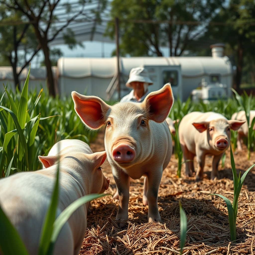 Espigas douradas de trigo saudáveis num campo agrícola com laboratório científico ao fundo desfocado
