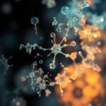 Microscopia científica avançada mostrando células biológicas brilhantes em processo de regeneração tecidual acelerada num laboratório.