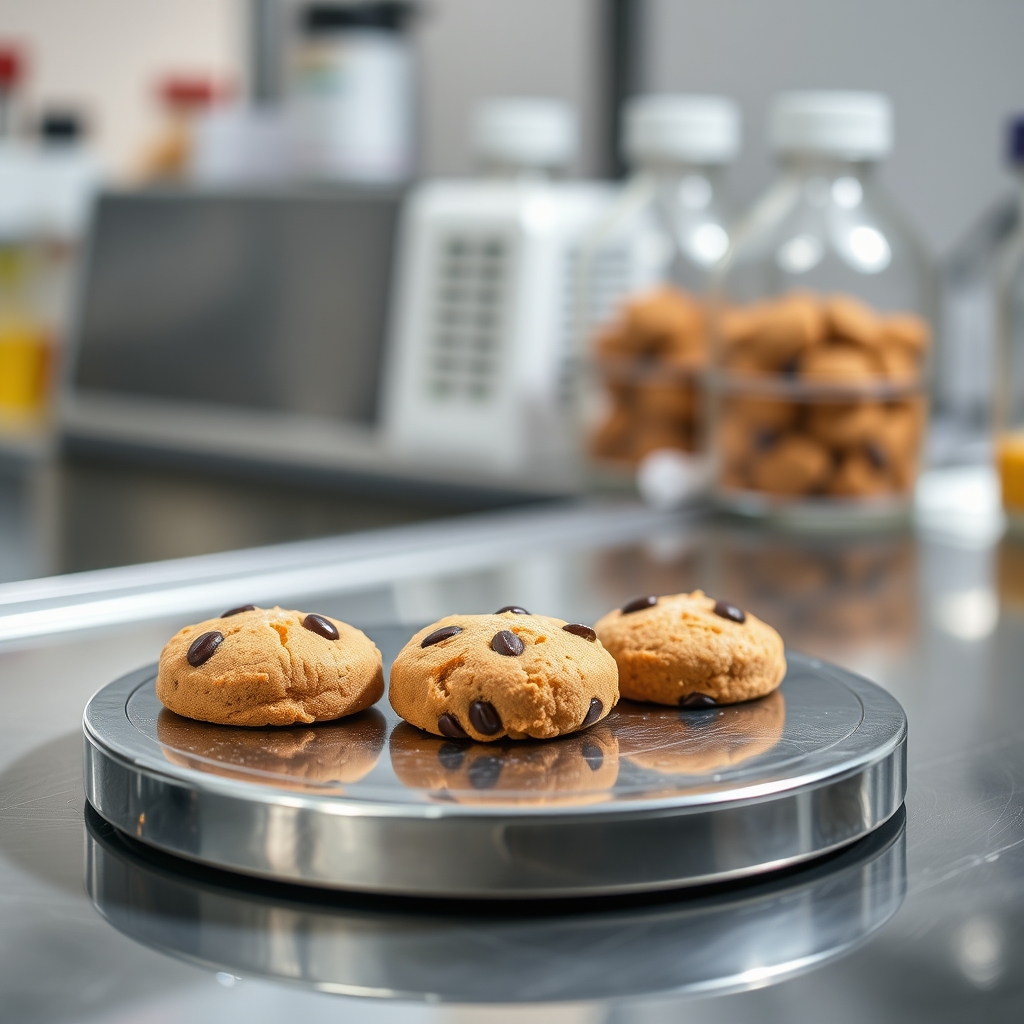 Biscoitos nutritivos impressos em três dimensões sobre uma bancada metálica de laboratório de biotecnologia alimentar.
