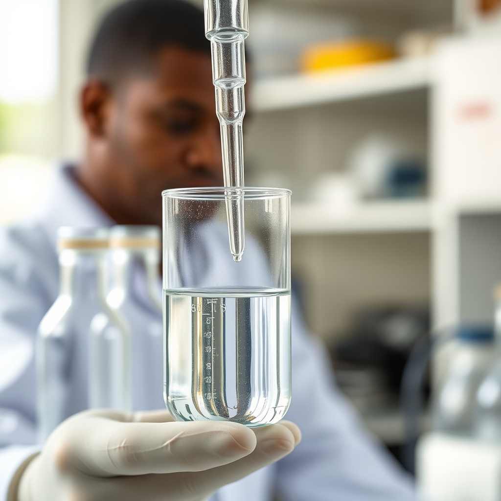 Frasco de vidro em laboratório biotecnológico com solução translúcida e pipeta de precisão ao fundo