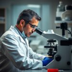 Cientista em laboratório de biotecnologia a analisar amostras de culturas celulares através de microscópio avançado.