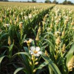 Plantação de trigo-sarraceno florescendo em campo aberto sob iluminação natural com foco em detalhes botânicos.
