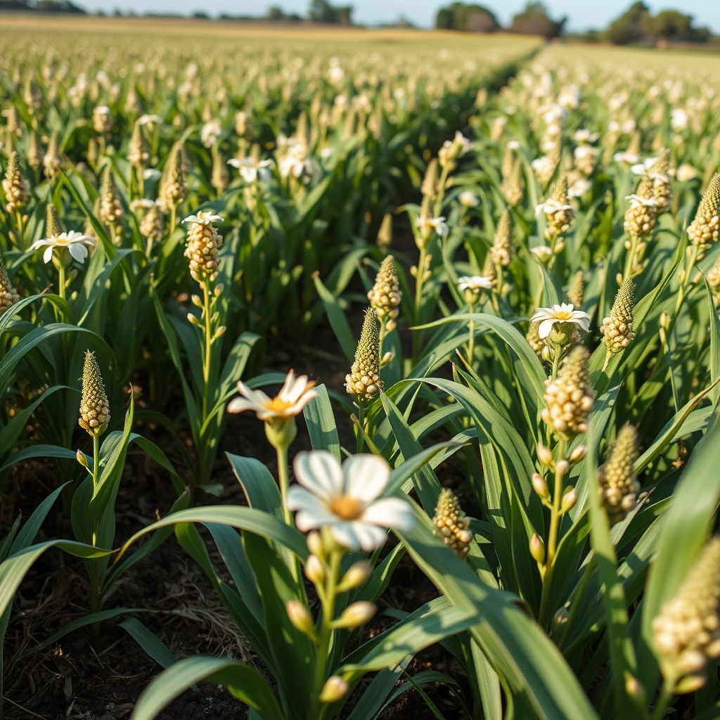 Plantação de trigo-sarraceno florescendo em campo aberto sob iluminação natural com foco em detalhes botânicos.