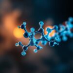 Ilustração tridimensional detalhada da estrutura molecular de uma enzima nitrogenase em tons de azul e dourado.