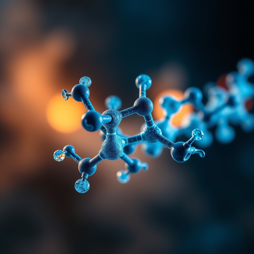 Ilustração tridimensional detalhada da estrutura molecular de uma enzima nitrogenase em tons de azul e dourado.