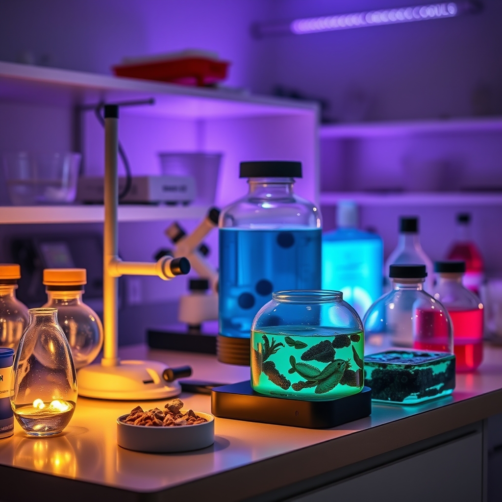 Equipamento de laboratório e modelos moleculares iluminados em bancada científica com amostras marinhas profundas.