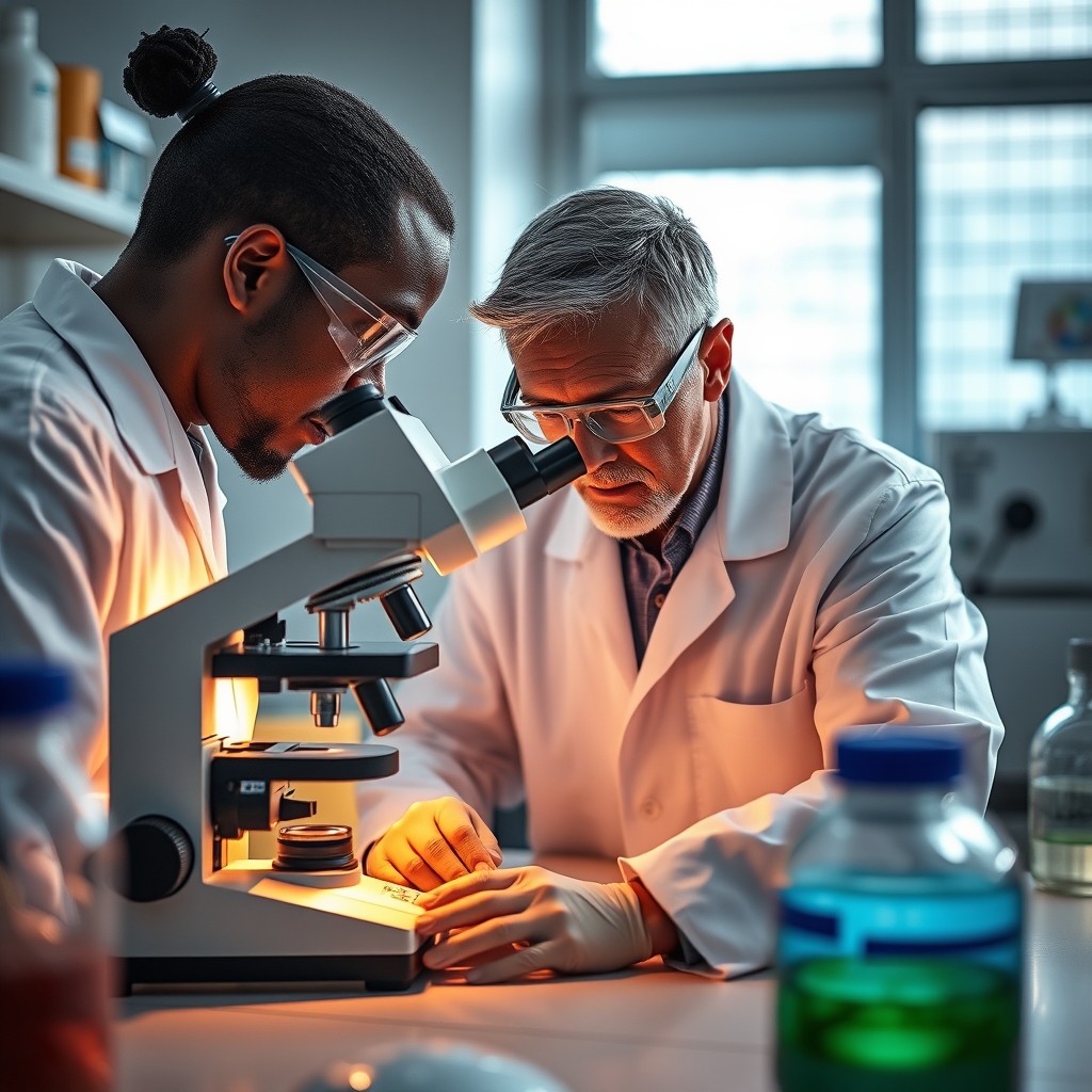 Cientista com luvas a manusear amostras biológicas sob microscópio em laboratório de oncologia de ponta