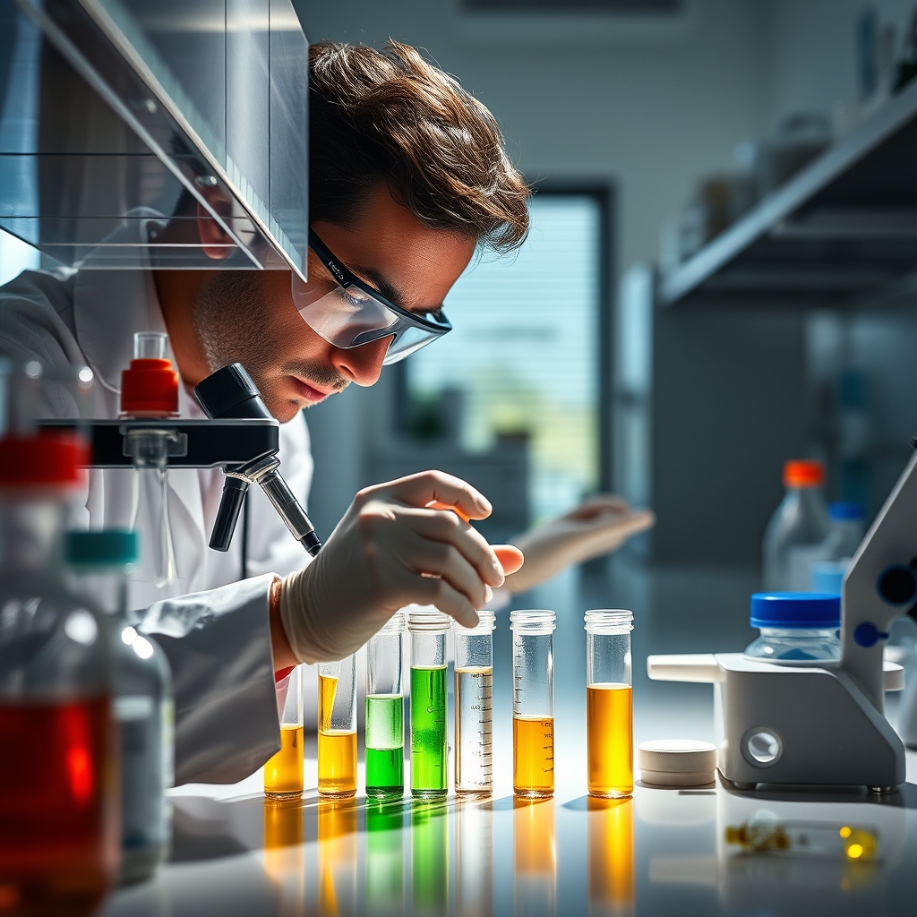 Cientista em jaleco analisando amostras de proteómica em tubos de ensaio dentro de laboratório biotecnológico moderno.