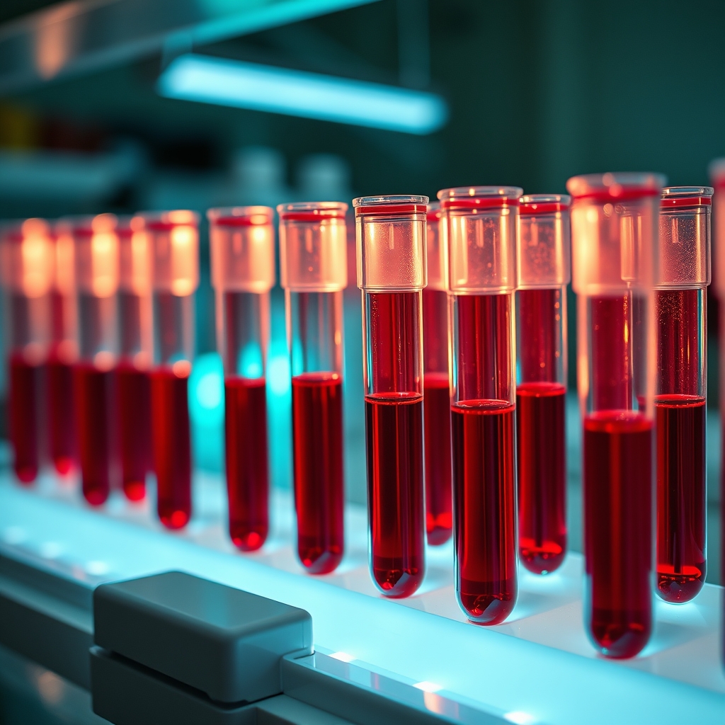 Tubos de ensaio com amostras sanguíneas iluminados em laboratório de biotecnologia farmacêutica moderno.