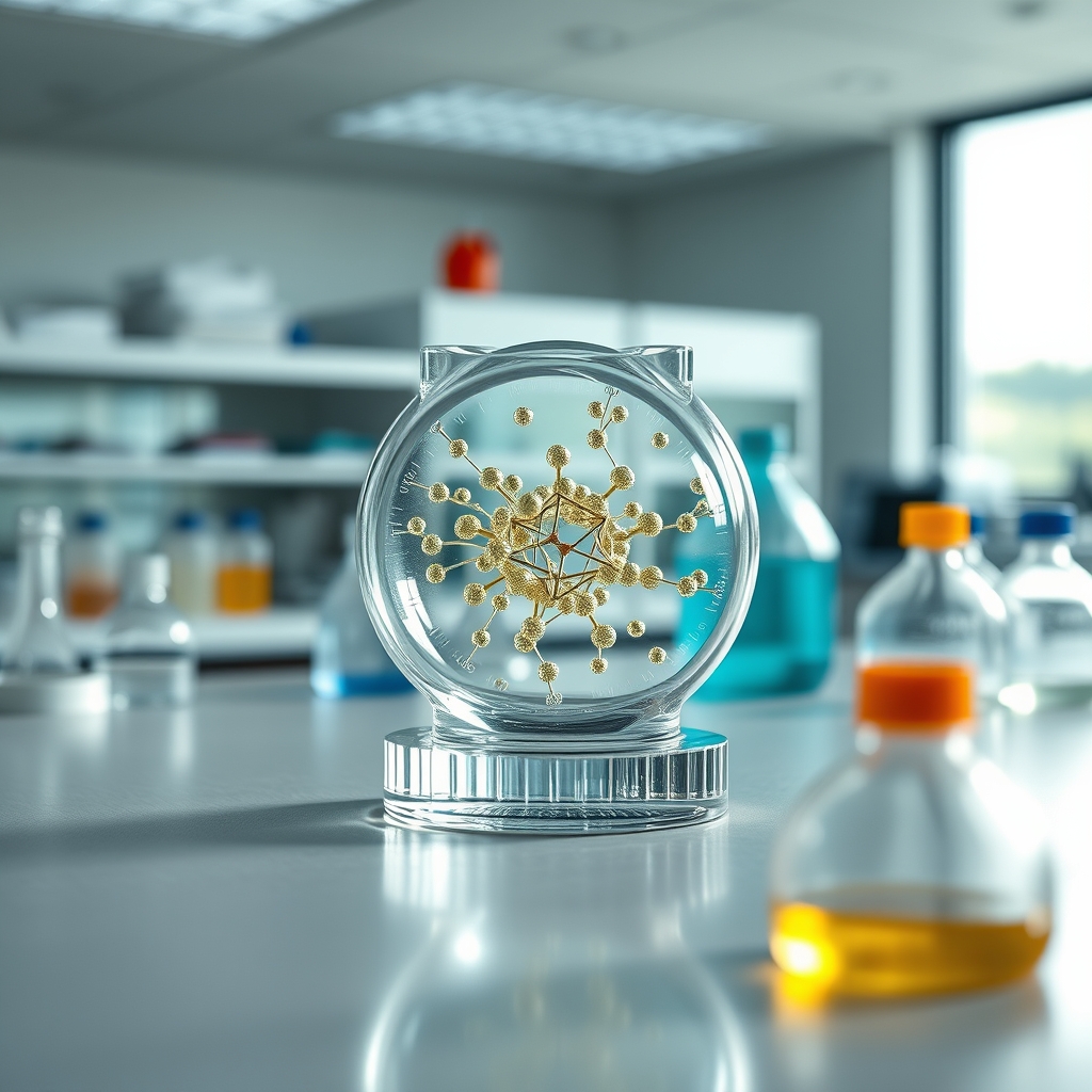Frasco de vidro com nanopartículas lipídicas sobre bancada de laboratório de pesquisa biotecnológica avançada