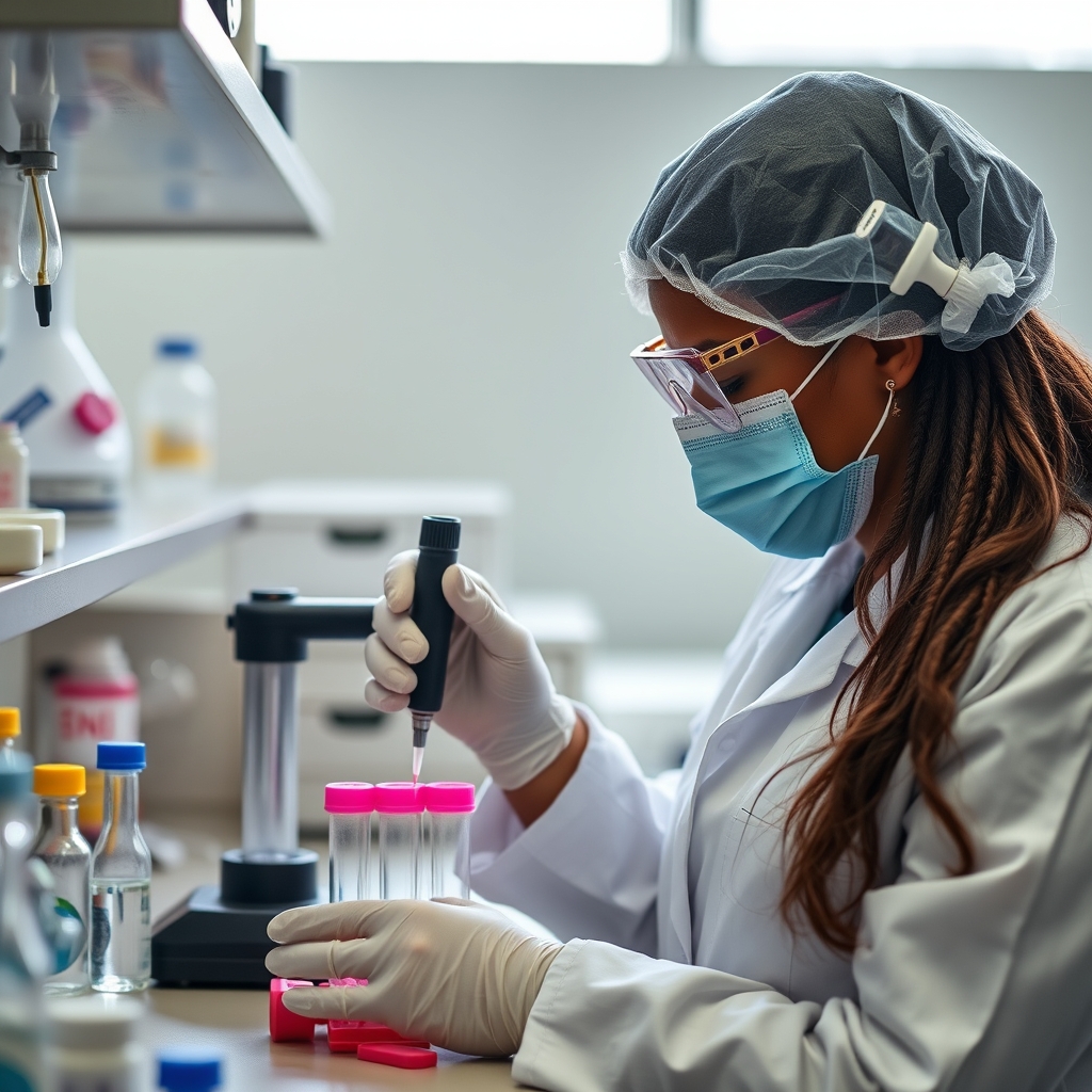 Investigadora em laboratório com luvas e micropipeta a preparar amostras de ADN em tubos de ensaio.
