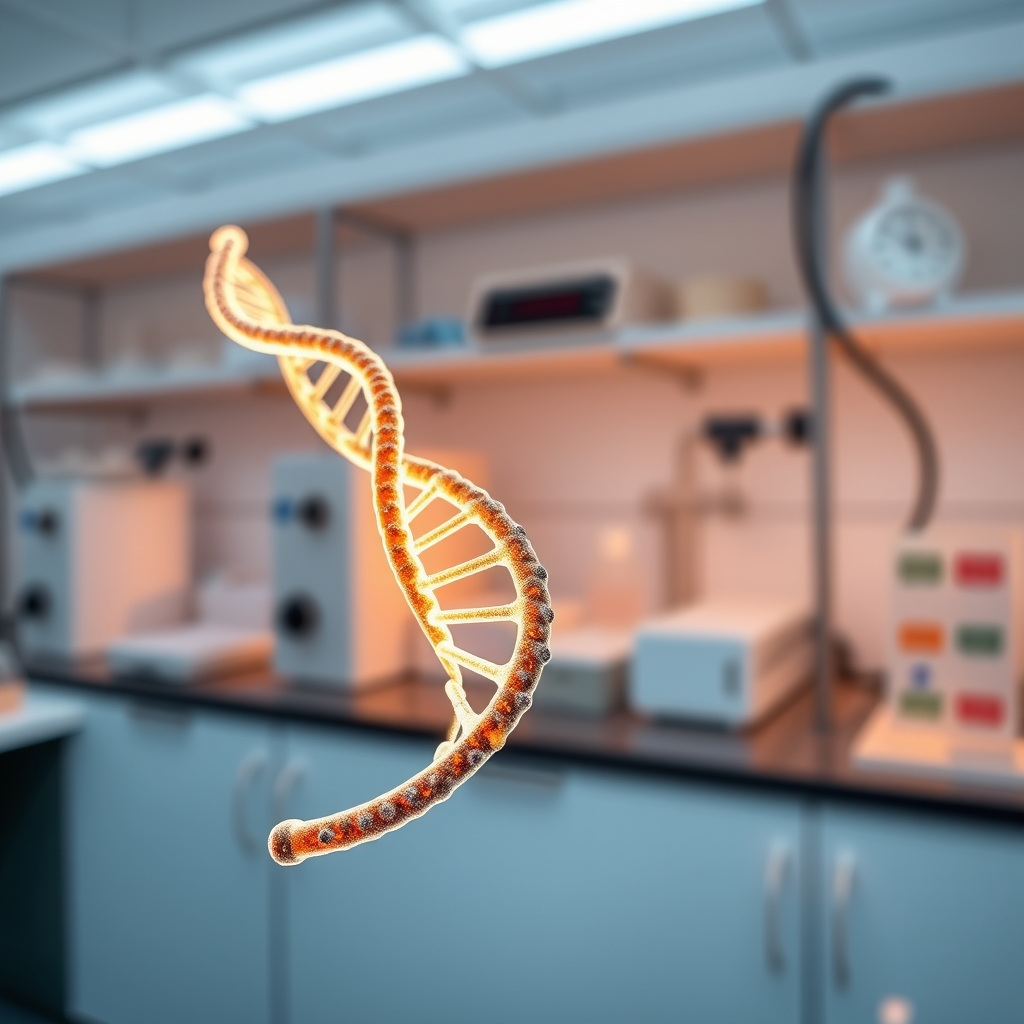 Estrutura molecular tridimensional de filamento de ADN iluminada em laboratório de biotecnologia com equipamentos de sequenciamento genético.