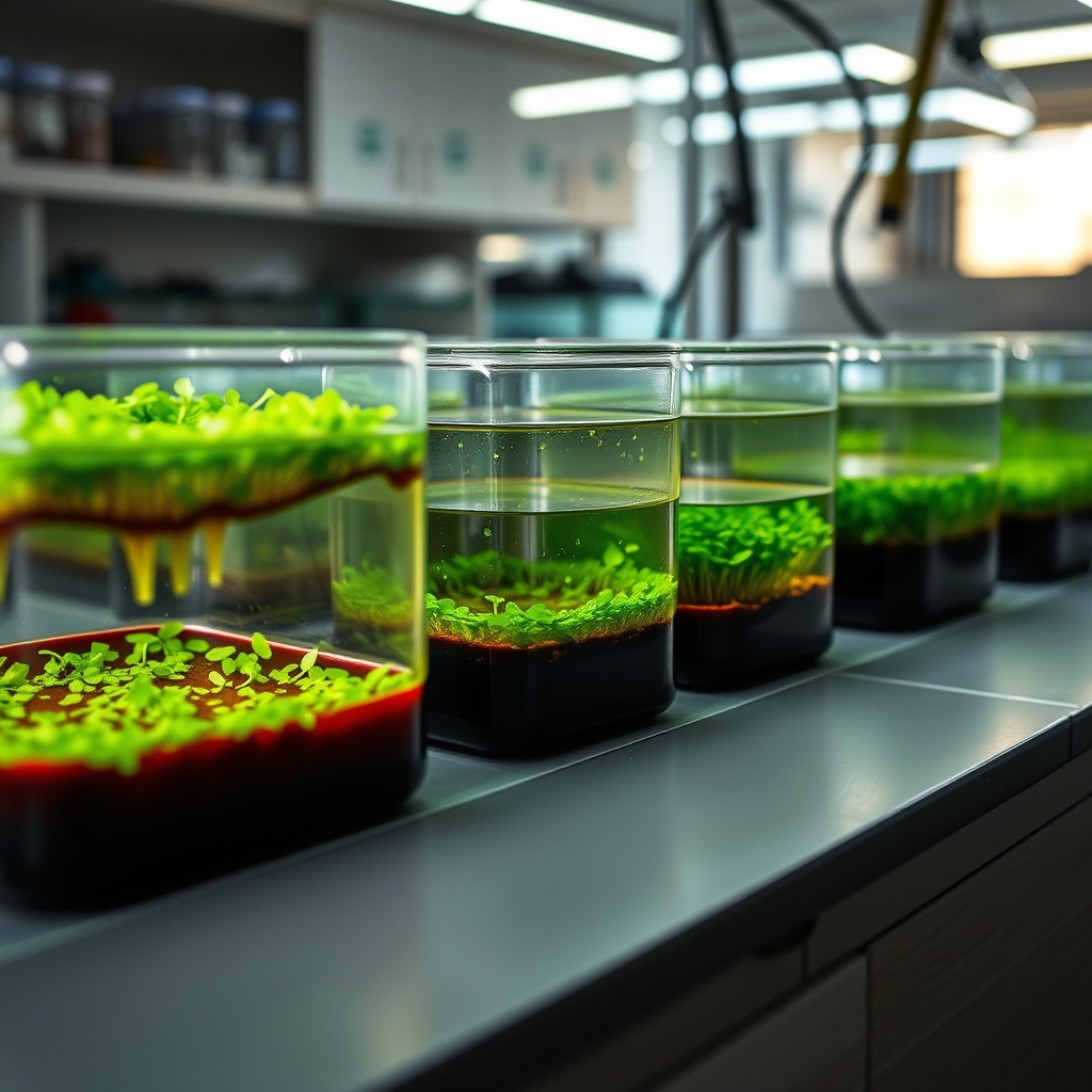 Biorreatores de laboratorio com culturas liquidas esverdeadas de microalgas sob iluminacao controlada em instalacao cientifica.
