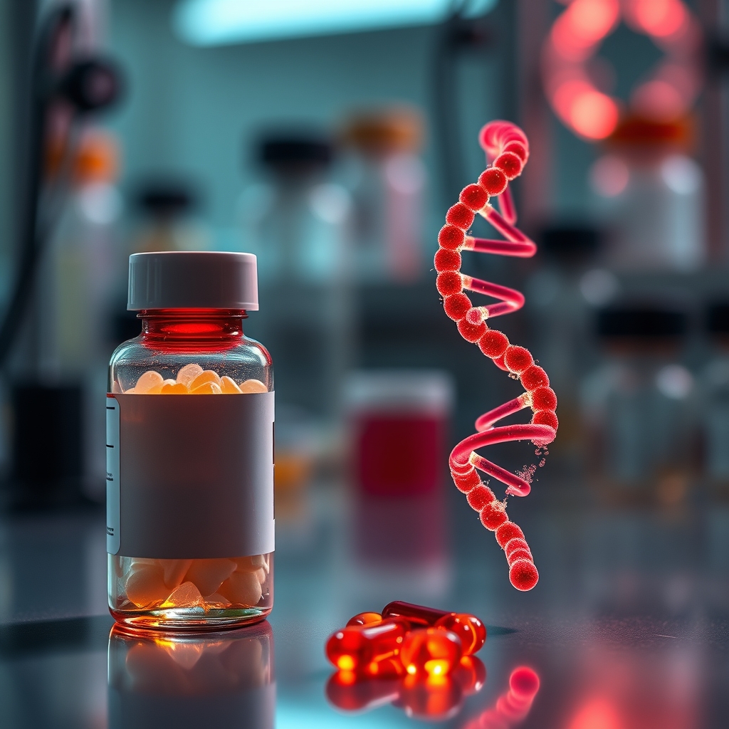 Frasco de medicamento experimental ao lado de representacao molecular de fita de RNA em laboratorio tecnologico.