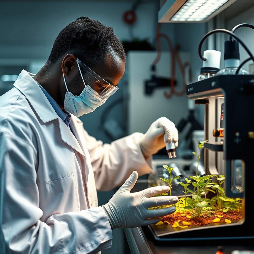Cientista em laboratório aplicando solução biotecnológica em muda florestal cercada por equipamentos científicos modernos.