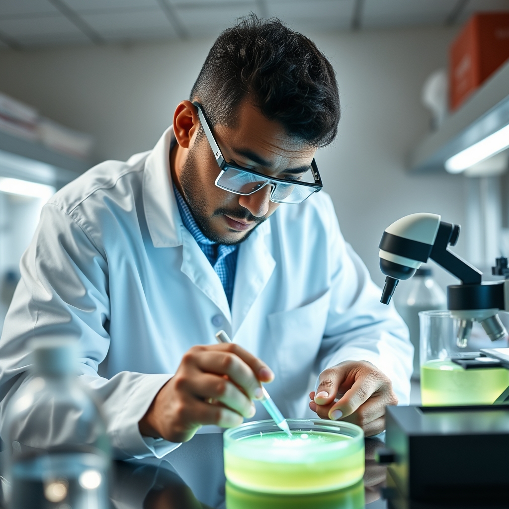 Cientista em jaleco branco observa amostras biológicas em placas de Petri sob iluminação azulada num laboratório moderno.