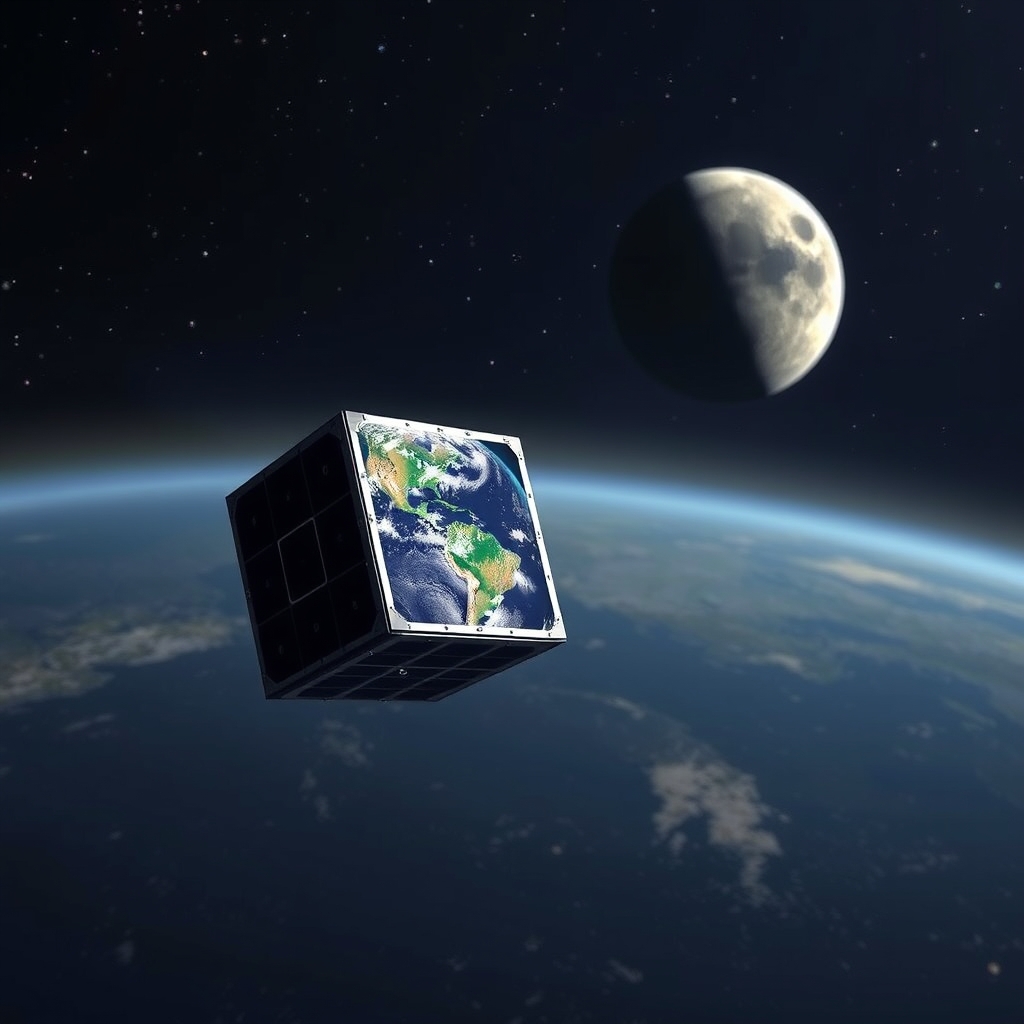 Satélite CubeSat de observação espacial em órbita com a Terra e a Lua ao fundo no cosmos