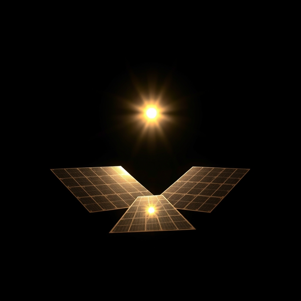 Modelo de modulo espacial em centro de testes com paineis solares refletindo iluminacao sob fundo escuro