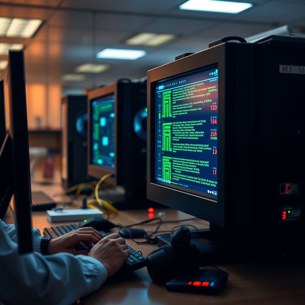 Ecrã de computador num centro de operações de segurança exibindo códigos de programação e alertas digitais.