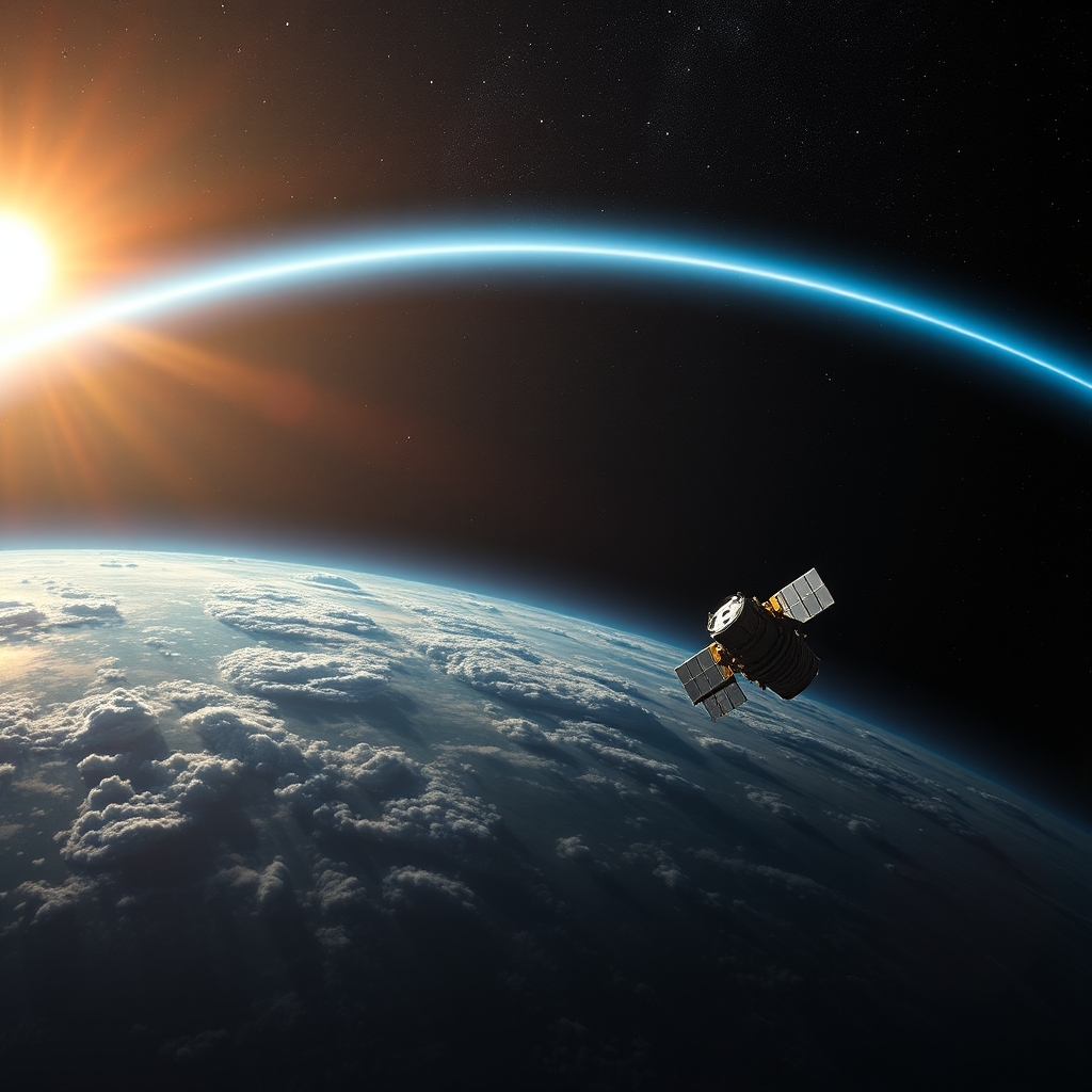 Representação artística de pequenos satélites em órbita entre a Terra e a Lua no espaço profundo.