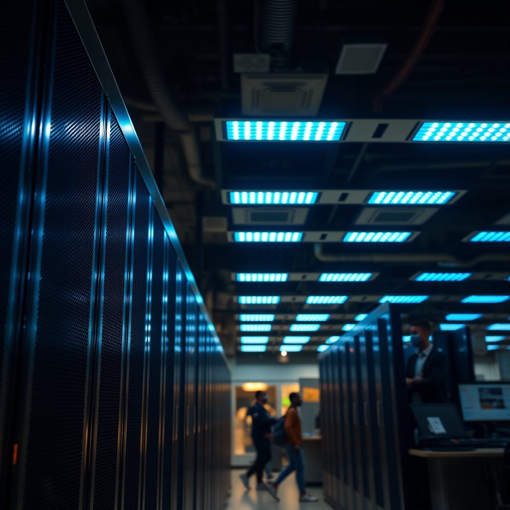 Servidores em centro de dados iluminados por luzes azuis com ecrãs de monitorização técnica