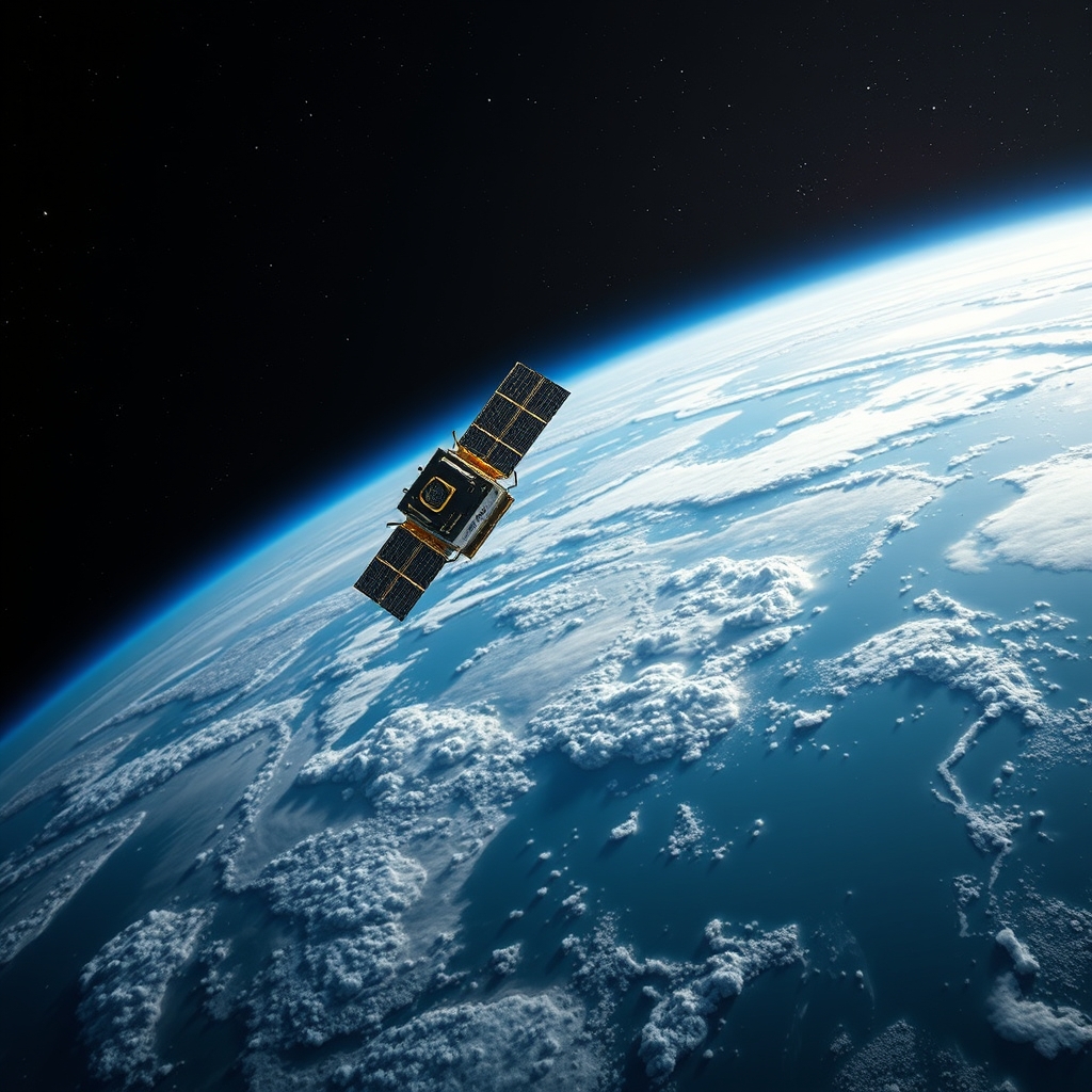 Visualização digital de satélite e dados atmosféricos globais num ecrã de alta tecnologia meteorológica.