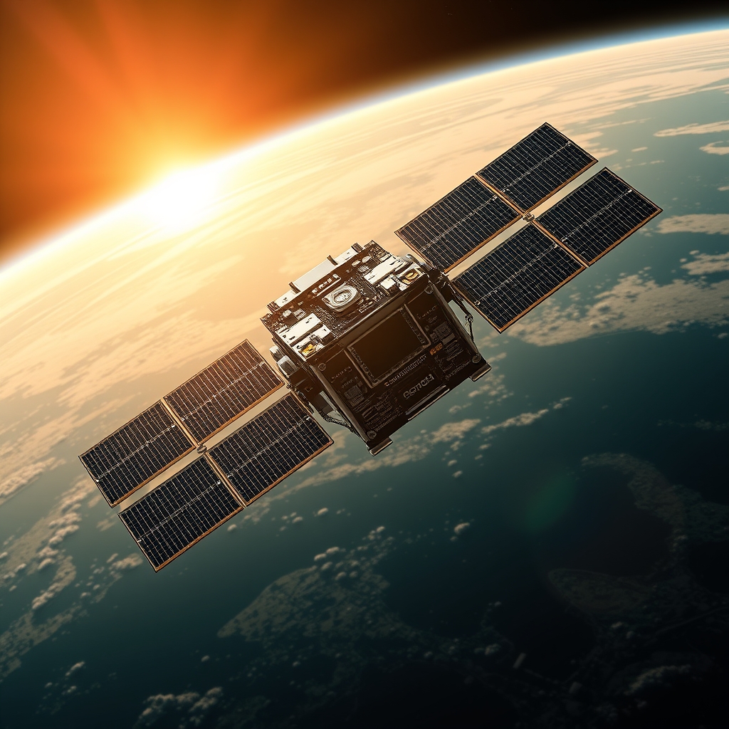 Satélite científico em órbita da Terra equipado com módulos de processamento computacional sob luz solar intensa
