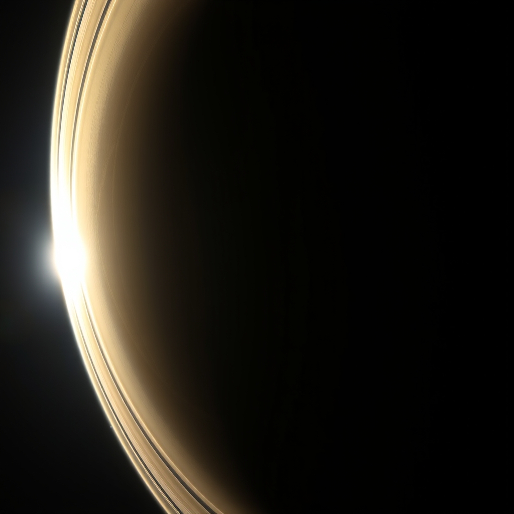 Visão telescópica detalhada da atmosfera dourada de Saturno destacando o vórtice geométrico do seu polo sul.
