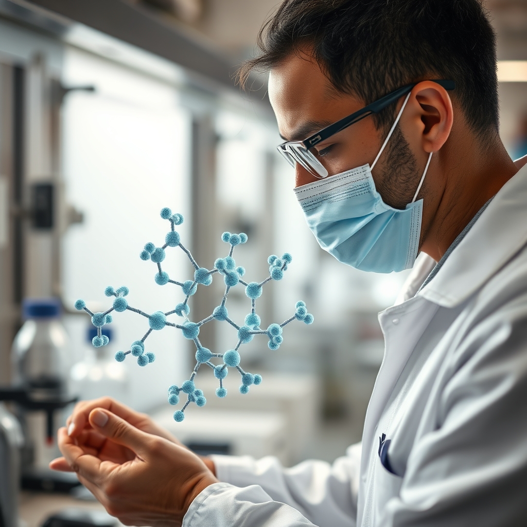Cientista em laboratório analisa representações tridimensionais de estruturas moleculares de proteínas geradas por inteligência artificial em múltiplos ecrãs