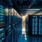 Servidores em centro de dados iluminados por leds azuis processando algoritmos complexos de computação.