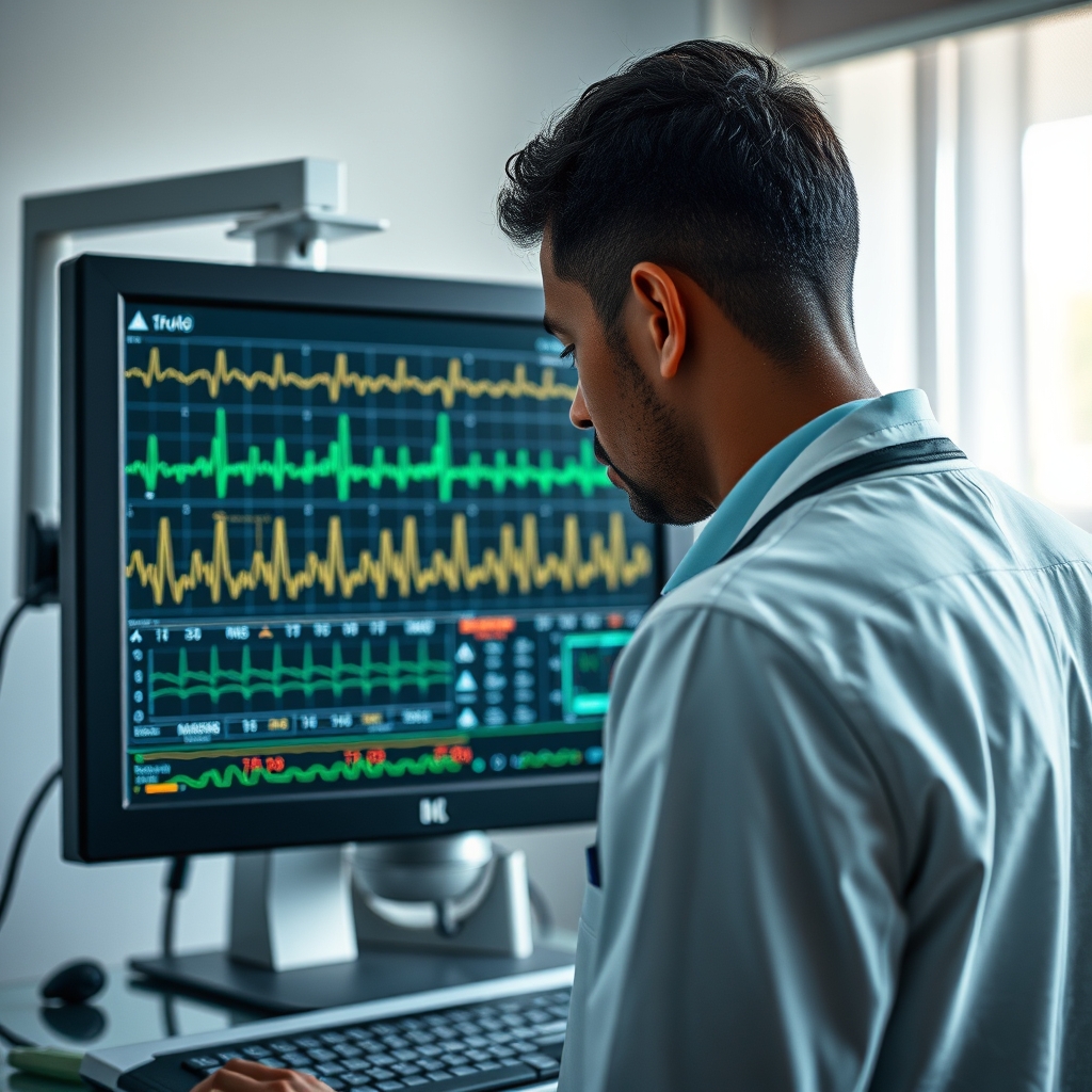 Monitor médico exibindo traçados de eletrocardiograma analisados por inteligência artificial num hospital moderno