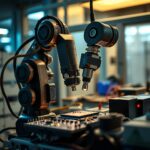 Braço robótico industrial de alta precisão a manipular componentes eletrónicos num laboratório tecnológico moderno iluminado.