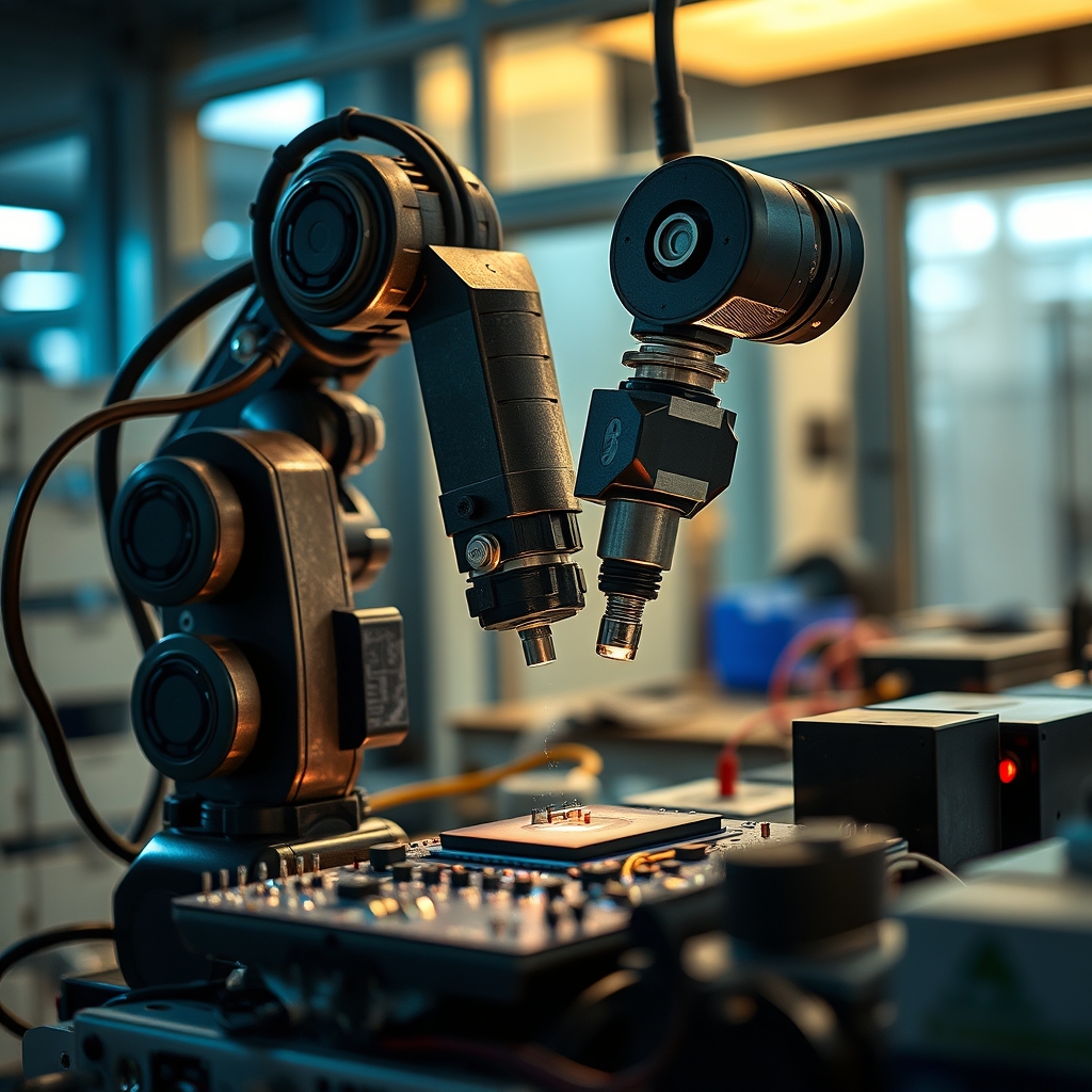 Braço robótico industrial de alta precisão a manipular componentes eletrónicos num laboratório tecnológico moderno iluminado.