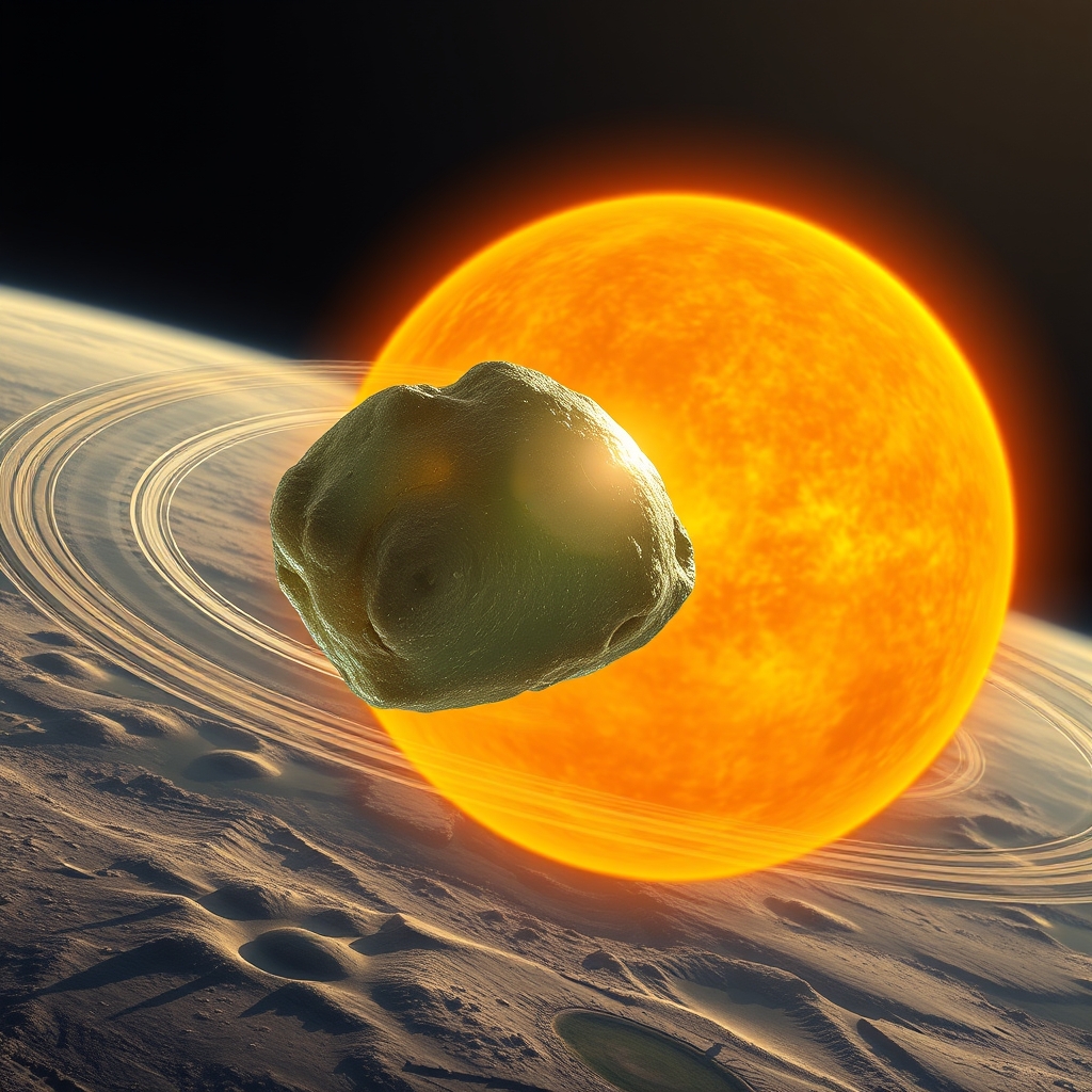 Ilustração científica de um pequeno corpo celeste congelado orbitando nas profundezas escuras do Sistema Solar exterior.
