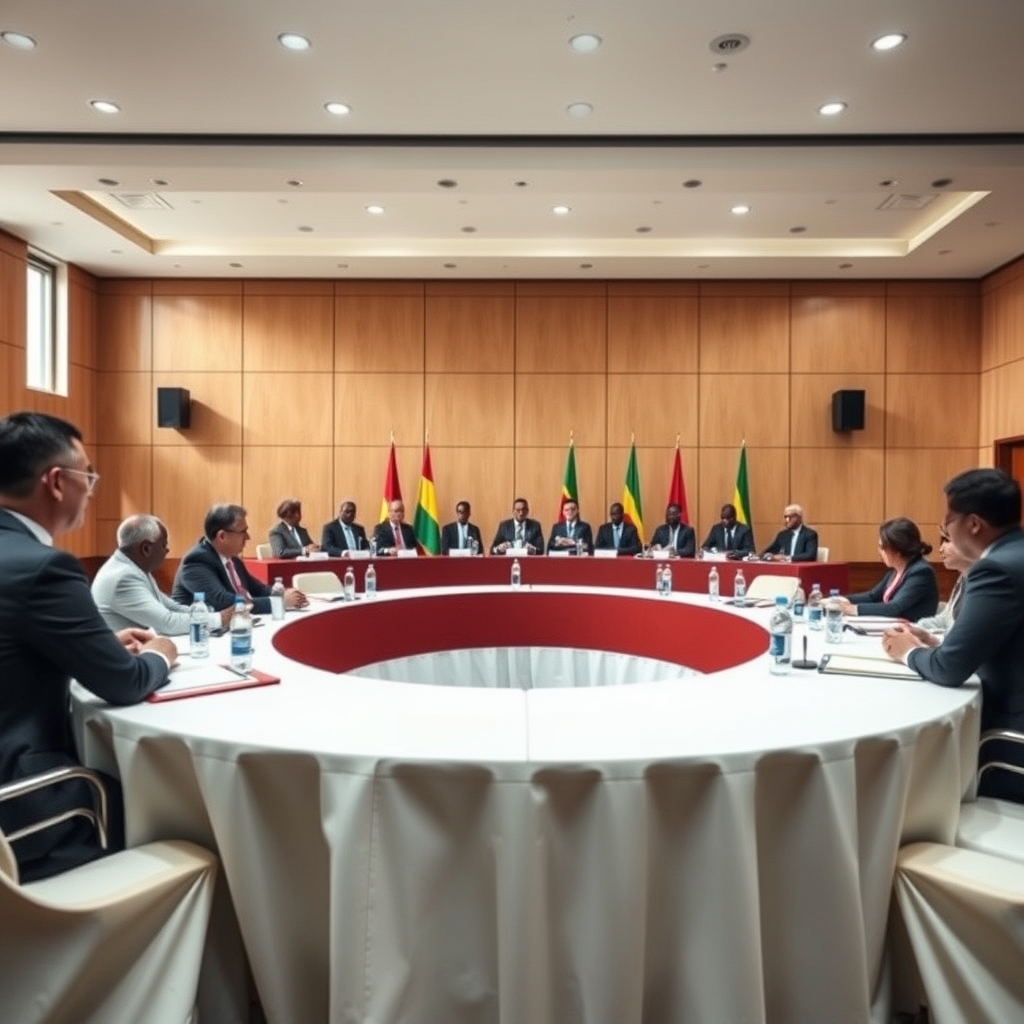 Sala de conferências diplomáticas com delegados reunidos à volta de uma mesa redonda durante debate internacional.