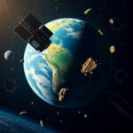 Ilustração orbital realista de satélites e fragmentos metálicos orbitando o planeta Terra em segundo plano.