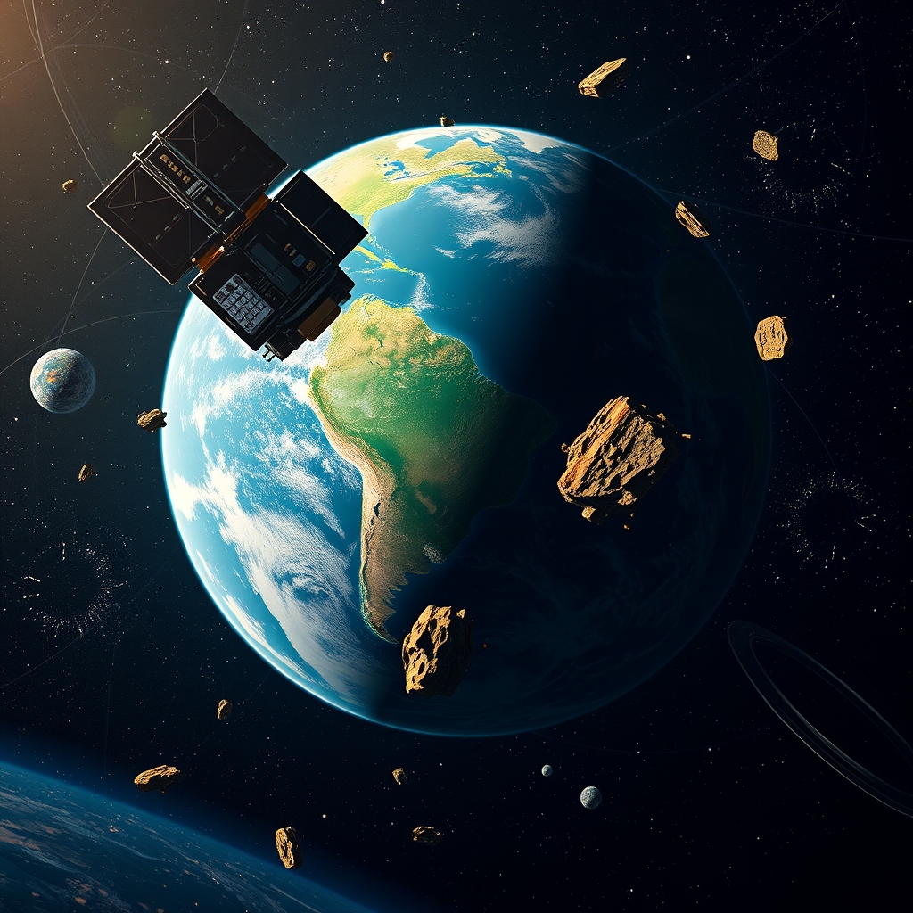 Ilustração orbital realista de satélites e fragmentos metálicos orbitando o planeta Terra em segundo plano.