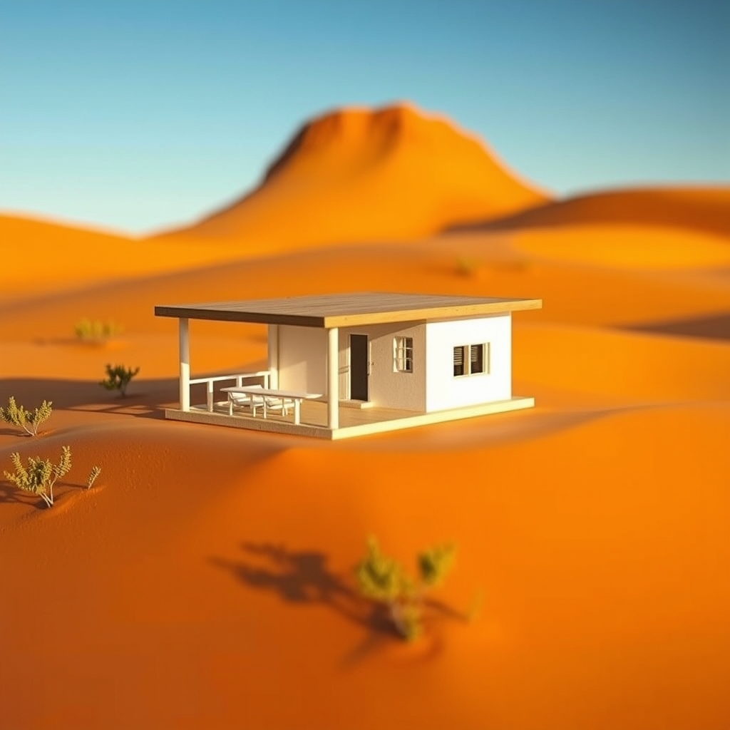 Modelo de estrutura habitacional em impressão 3D construída em paisagem árida com solo avermelhado semelhante a Marte