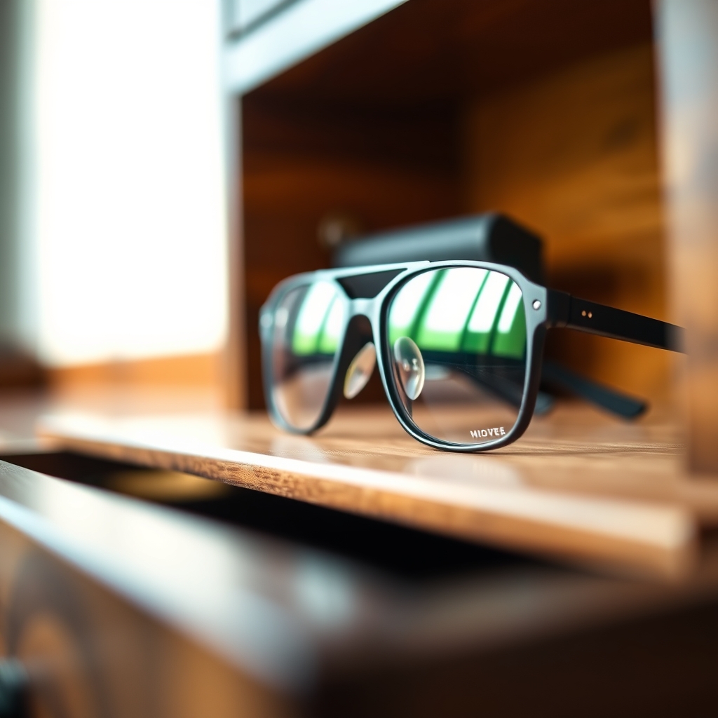 Par de óculos inteligentes de armação preta pousado numa secretária de madeira com lentes refletindo luz suave.