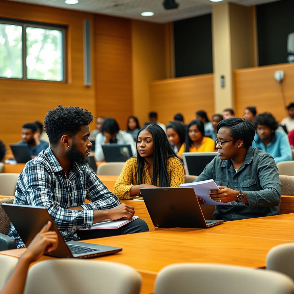 Estudantes universitários em sala de aula discutindo projetos acadêmicos com cadernos e computadores portáteis abertos.