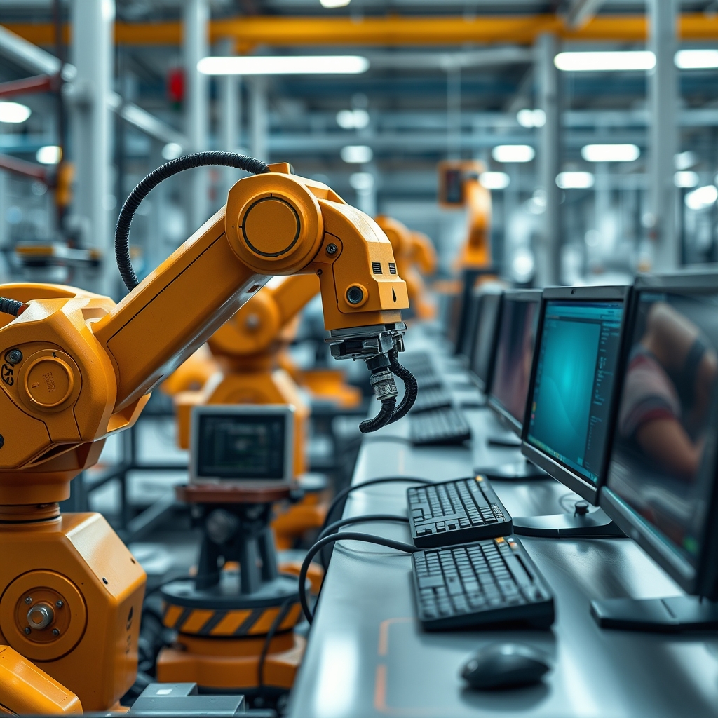 Braço robótico industrial operando com precisão em fábrica automatizada ao lado de computadores de monitoramento