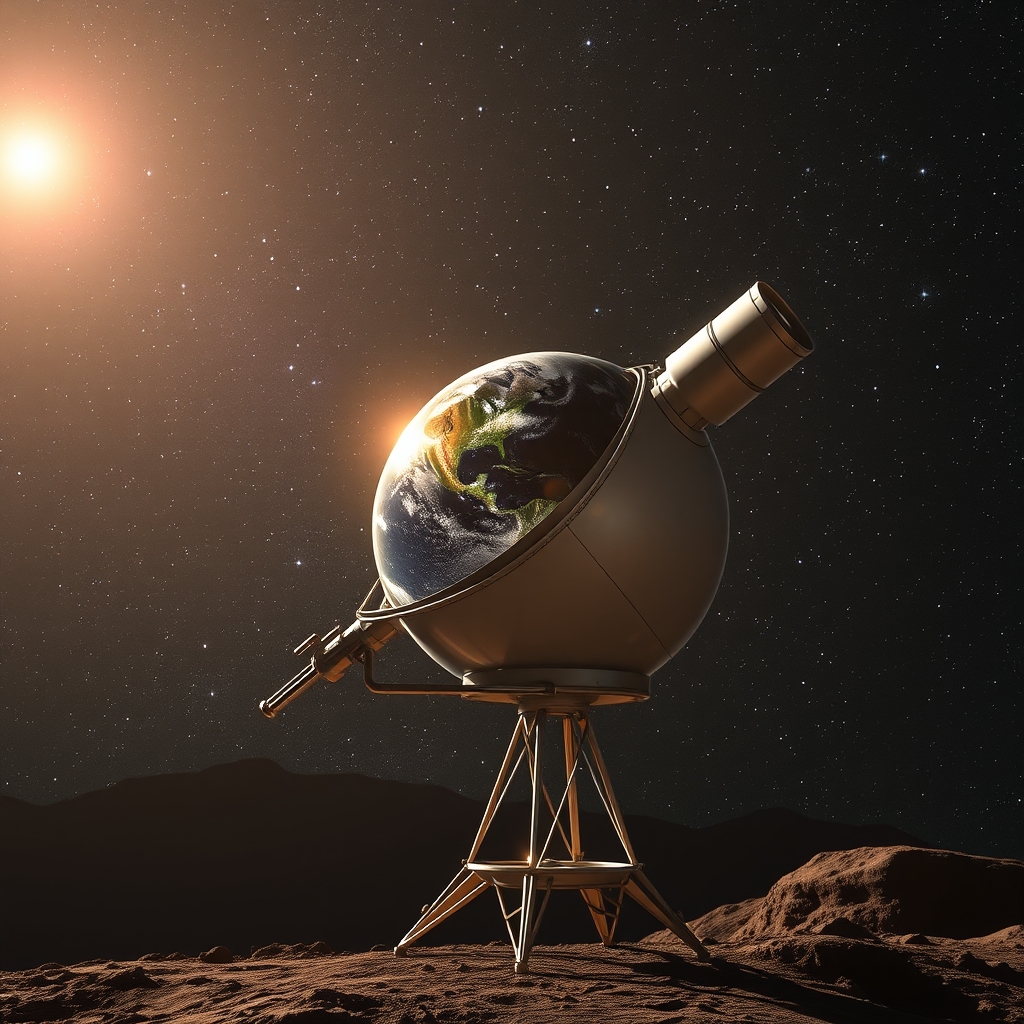 Representação visual de telescópio espacial moderno com espelho dourado a orbitar a Terra em fundo cósmico estrelado.