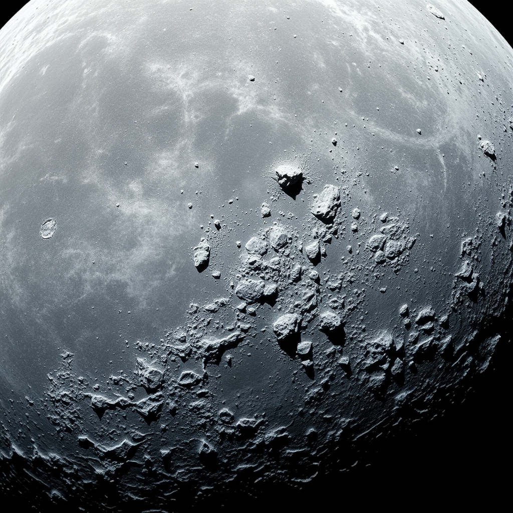 Superfície lunar acidentada em alta resolução exibindo uma cratera de impacto recente com detritos brilhantes espalhados.