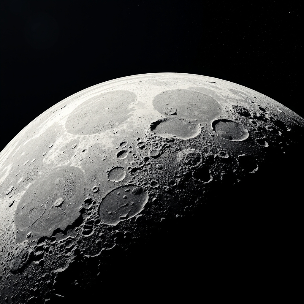Superfície escarpada da cratera lunar iluminada lateralmente com sombras profundas e terreno acidentado sob o cosmos.