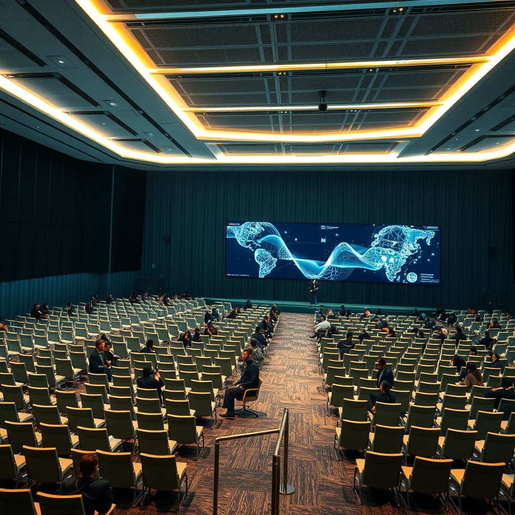 Sala de conferências moderna e iluminada com ecrãs digitais abstratos representando tecnologia de inteligência artificial global.